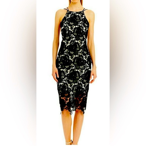 Nicole Miller‎ Women’s Black Floral Appliqué Lace Overlay Backless Dress Size 4 - Picture 1 of 16